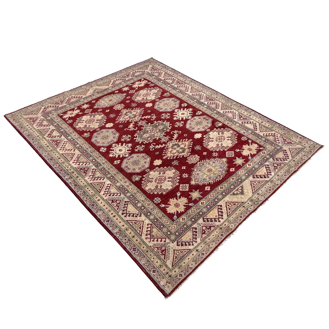 Red Afghan Kazak Rug 6' 8" x 9' 8" Hand-Knotted | No. AL33459