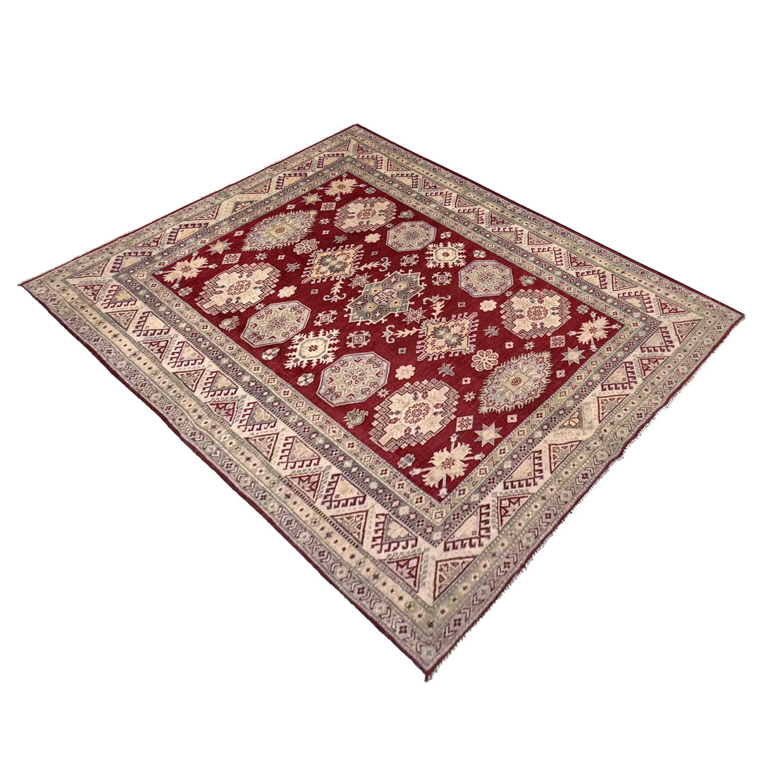 Red Afghan Kazak Rug 6' 8" x 9' 8" Hand-Knotted | No. AL33459