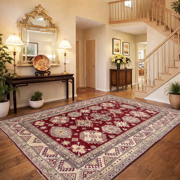 Red Afghan Kazak Rug 6' 8" x 9' 8" Hand-Knotted | No. AL33459