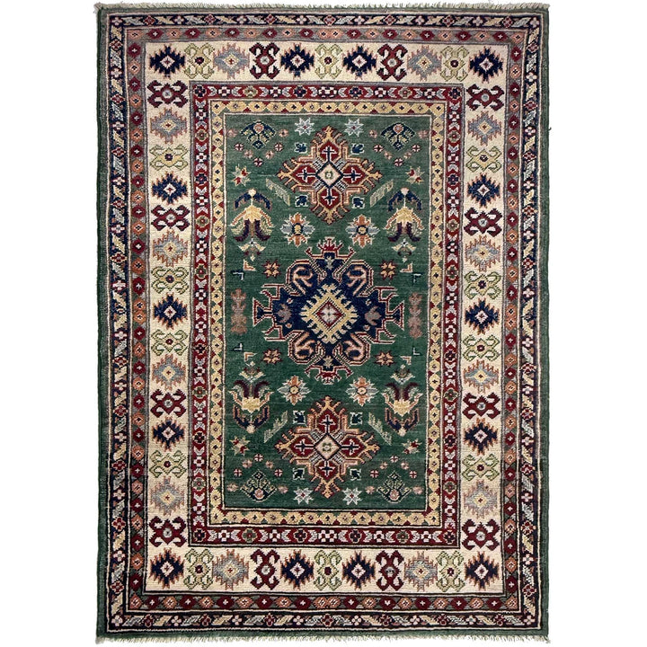 Green Afghan Kazak Rug 3' 1" x 4' 11" Hand-Knotted | No. AL33656