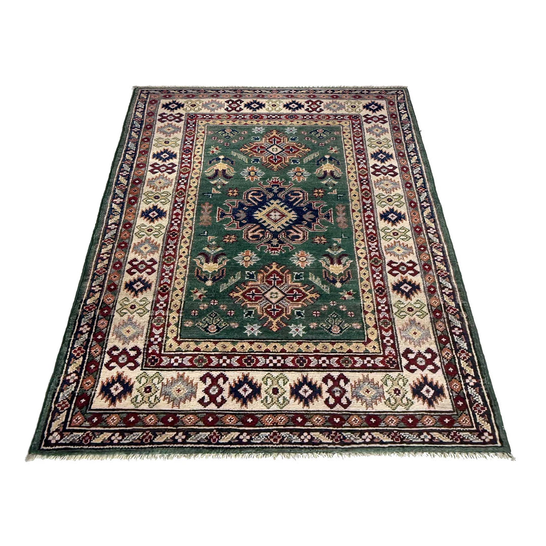 Green Afghan Kazak Rug 3' 1" x 4' 11" Hand-Knotted | No. AL33656
