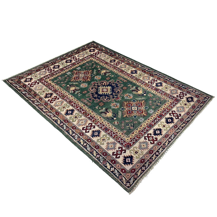 Green Afghan Kazak Rug 3' 1" x 4' 11" Hand-Knotted | No. AL33656