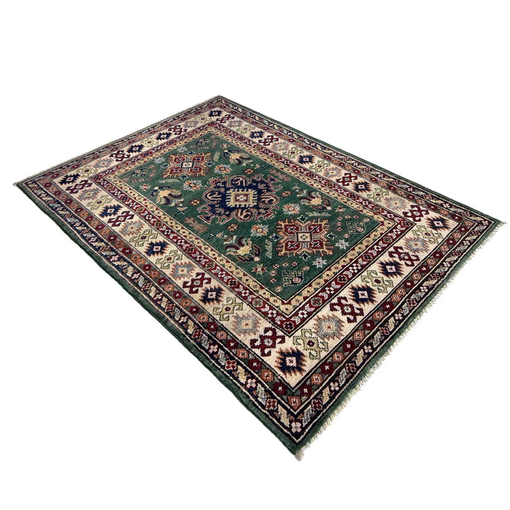 Green Afghan Kazak Rug 3' 1" x 4' 11" Hand-Knotted | No. AL33656