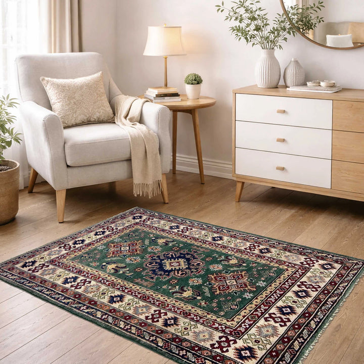 Green Afghan Kazak Rug 3' 1" x 4' 11" Hand-Knotted | No. AL33656