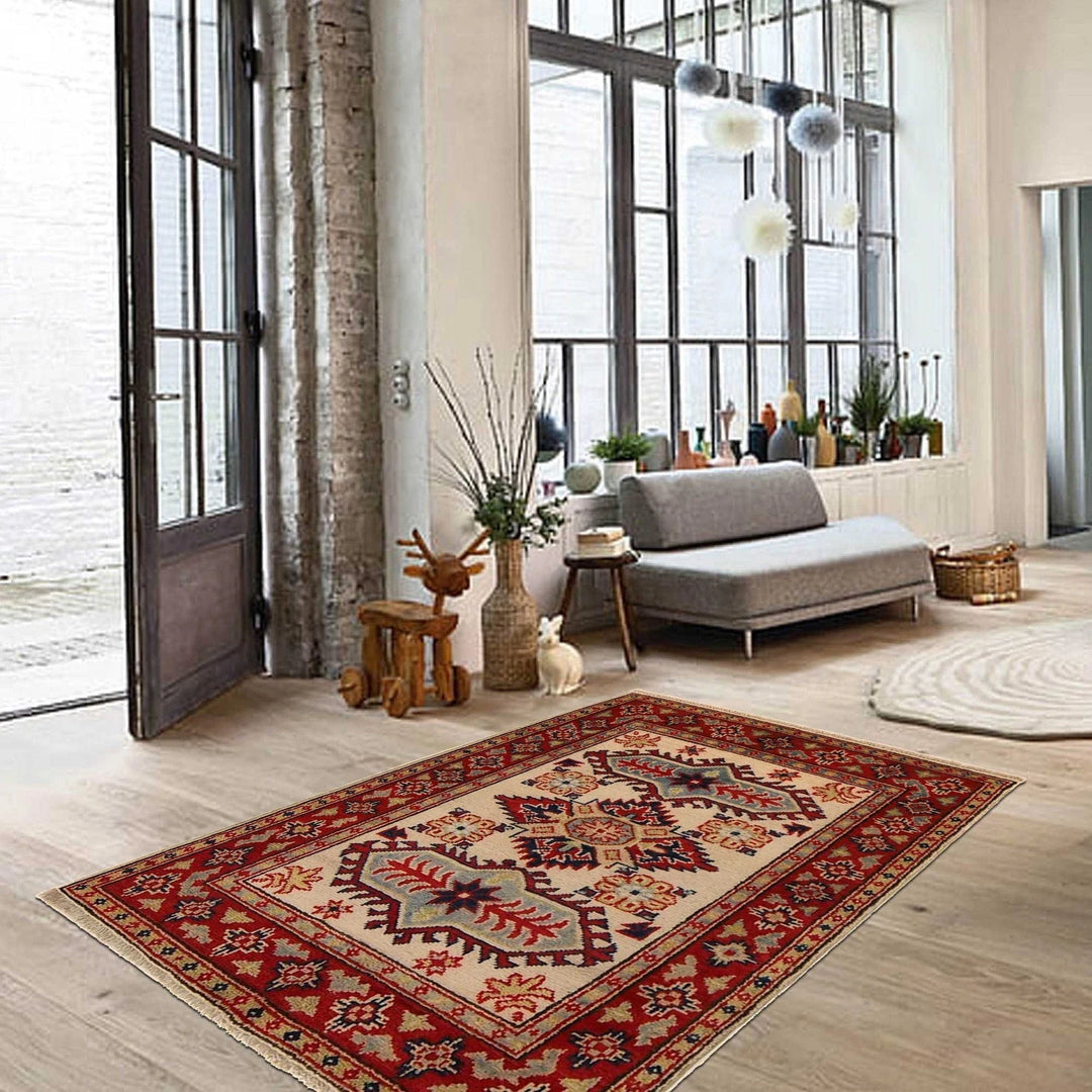 Beige Afghan Kazak Rug 2'9" x 3'11" Hand-Knotted | No. AL33694