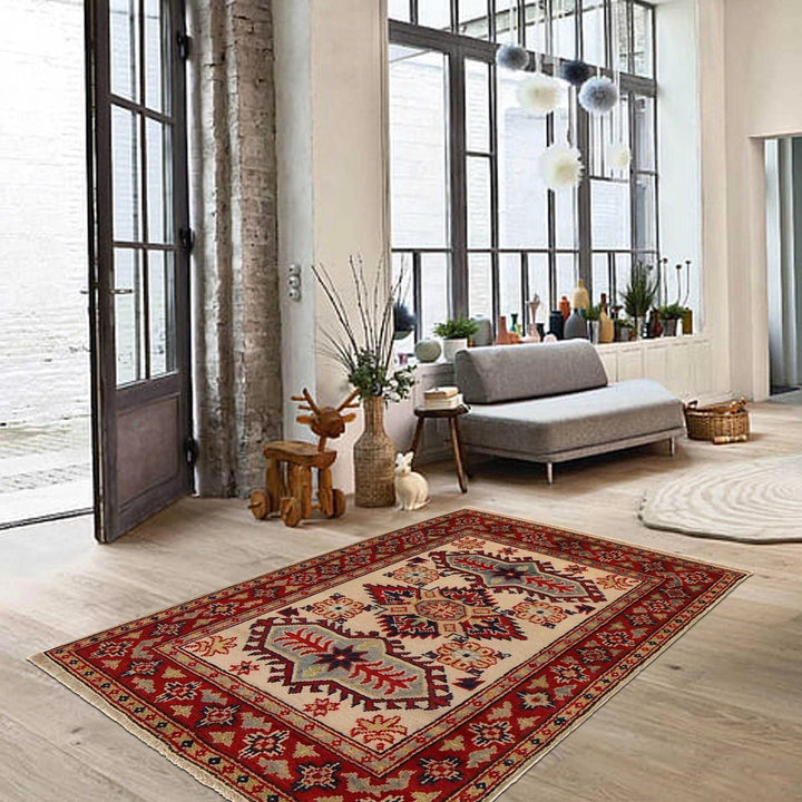 Beige Afghan Kazak Rug 2'9" x 3'11" Hand-Knotted | No. AL33694