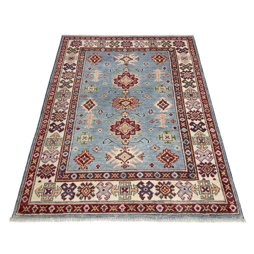 Blue Afghan Kazak Rug 3' 3" x 4' 11" Hand-Knotted | No. AL33739