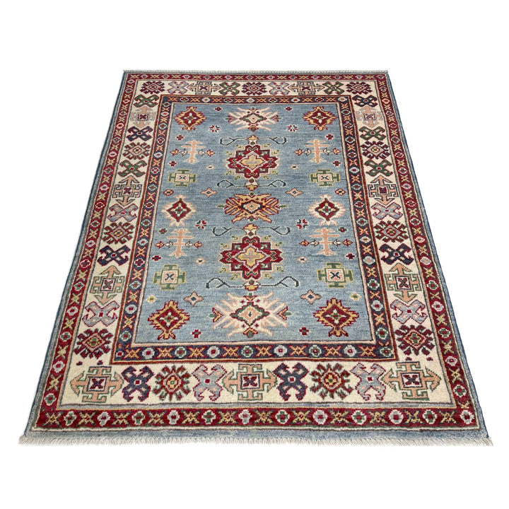 Blue Afghan Kazak Rug 3' 3" x 4' 11" Hand-Knotted | No. AL33739