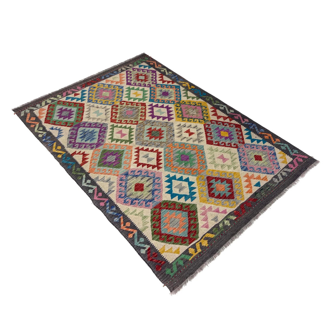 Multicolor Afghan Kilim Rug 4' 11" x 6' 4" Flat-Weave close-up