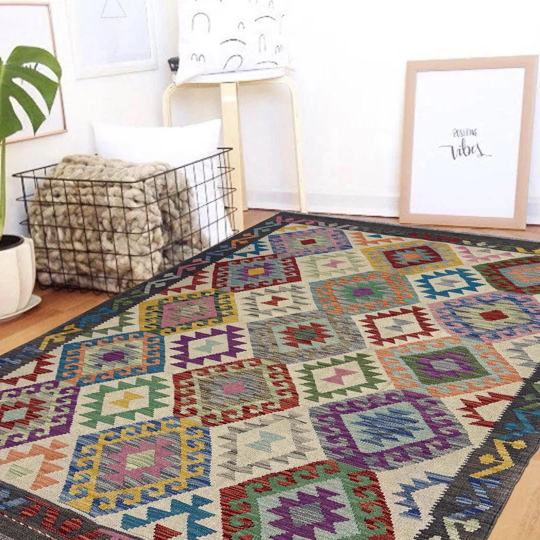 Multicolor Afghan Vegetable Kilim Rug 4' 11" x 6' 4" Flat-Weave | No. AL33750
