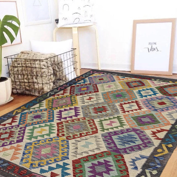 Multicolor Afghan Vegetable Kilim Rug 4' 11" x 6' 4" Flat-Weave | No. AL33750