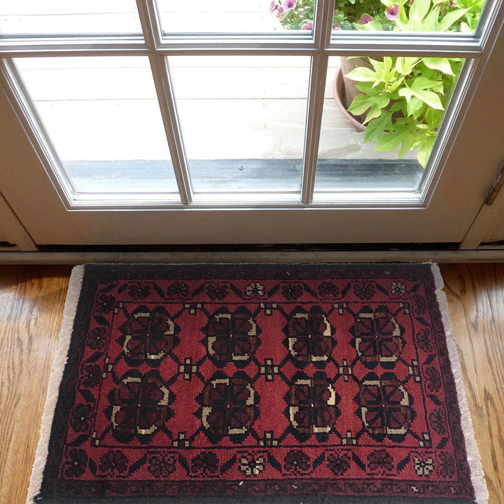 Red Afghan Oriental Doormat 1' 4" x 2' 0" Hand-Knotted | No. AL33816