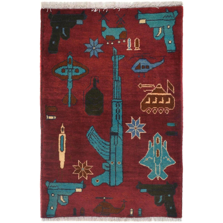 Red Afghan War Rug 1' 11" x 2' 10" Hand-Knotted | No. AL33881
