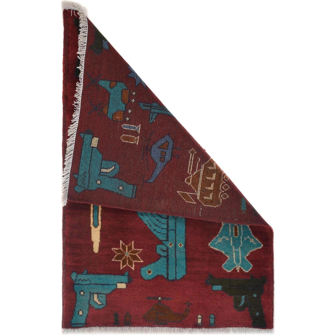 Red Afghan War Rug 1' 11" x 2' 10" Hand-Knotted | No. AL33881