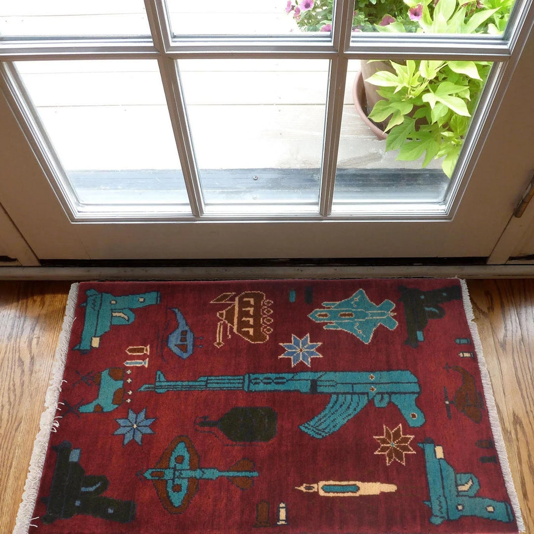 Red Afghan War Rug 1' 11" x 2' 10" Hand-Knotted | No. AL33881