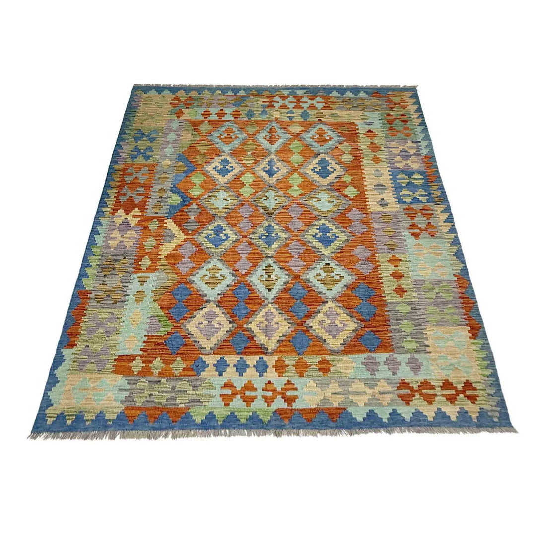 Multicolor Afghan Vegetable Kilim Rug 5' 8" x 7' 8" Flat-Weave | No. AL33911