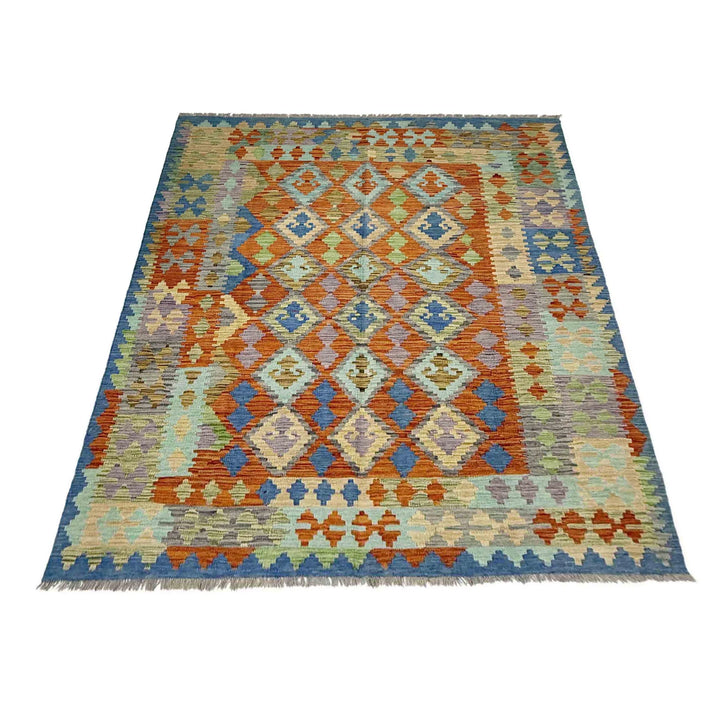 Multicolor Afghan Vegetable Kilim Rug 5' 8" x 7' 8" Flat-Weave | No. AL33911