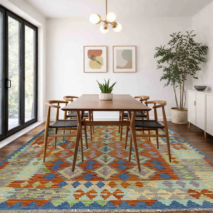 Multicolor Afghan Vegetable Kilim Rug 5' 8" x 7' 8" Flat-Weave | No. AL33911