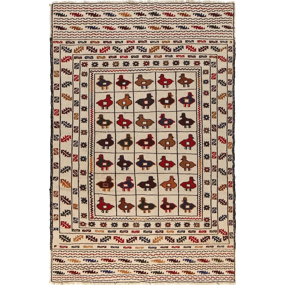 White Afghan Soumak Rug 3' 10" x 5' 10" Flat-Weave | No. AL33942