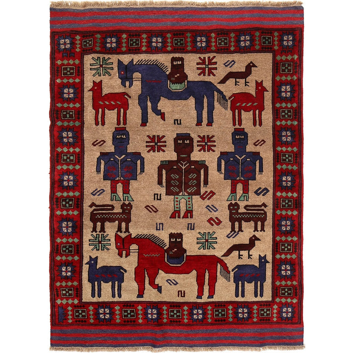 Afghan Animal Pictorial Rug 4' 6" x 6' 0" Hand-Knotted | No. AL33977