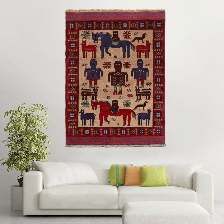 Afghan Animal Pictorial Rug 4' 6" x 6' 0" Hand-Knotted | No. AL33977