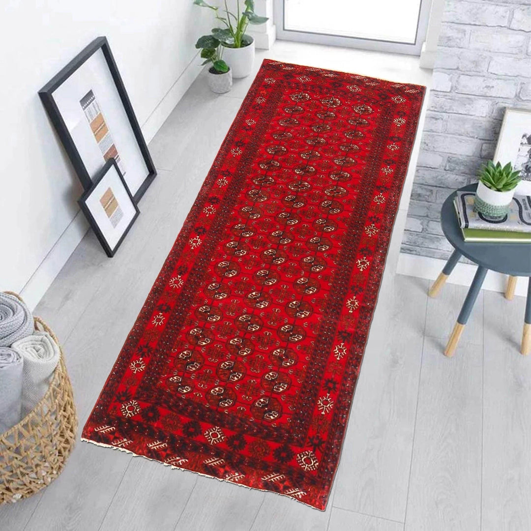 Red Afghan Bokhara Rug 2' 9" x 9' 5" Hand-Knotted | No. AL34093