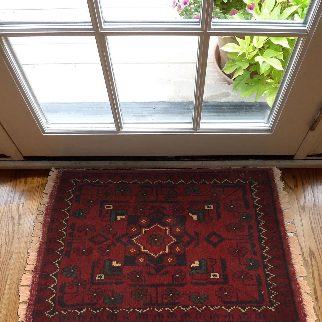 Red Afghan Oriental Rug 1' 5" x 1' 10" Hand-Knotted | No. AL34197