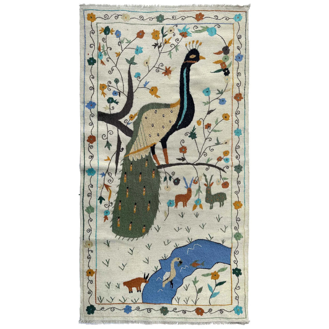 Beige Pakistani Embroidery Kilim Rug 3'5" x 6'6" Flat-Weave | No. AL34207