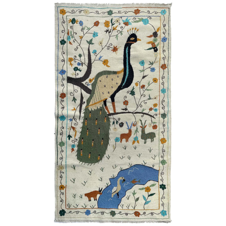 Beige Pakistani Embroidery Kilim Rug 3'5" x 6'6" Flat-Weave | No. AL34207