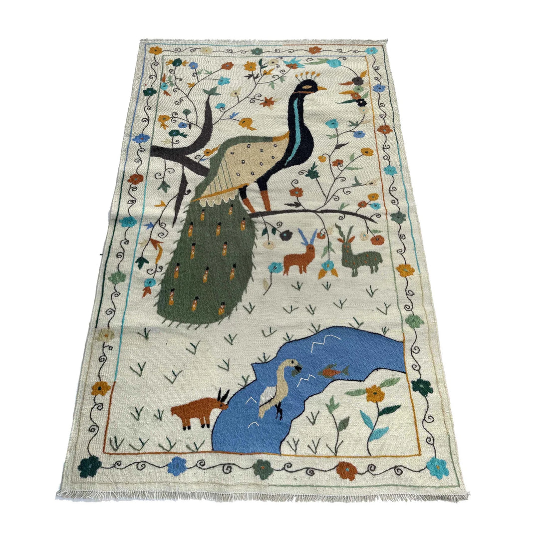 Beige Pakistani Embroidery Kilim Rug 3'5" x 6'6" Flat-Weave | No. AL34207