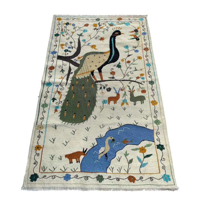 Beige Pakistani Embroidery Kilim Rug 3'5" x 6'6" Flat-Weave | No. AL34207