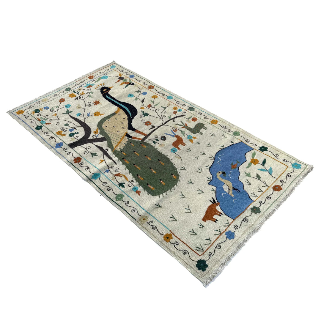 Beige Pakistani Embroidery Kilim Rug 3'5" x 6'6" Flat-Weave | No. AL34207