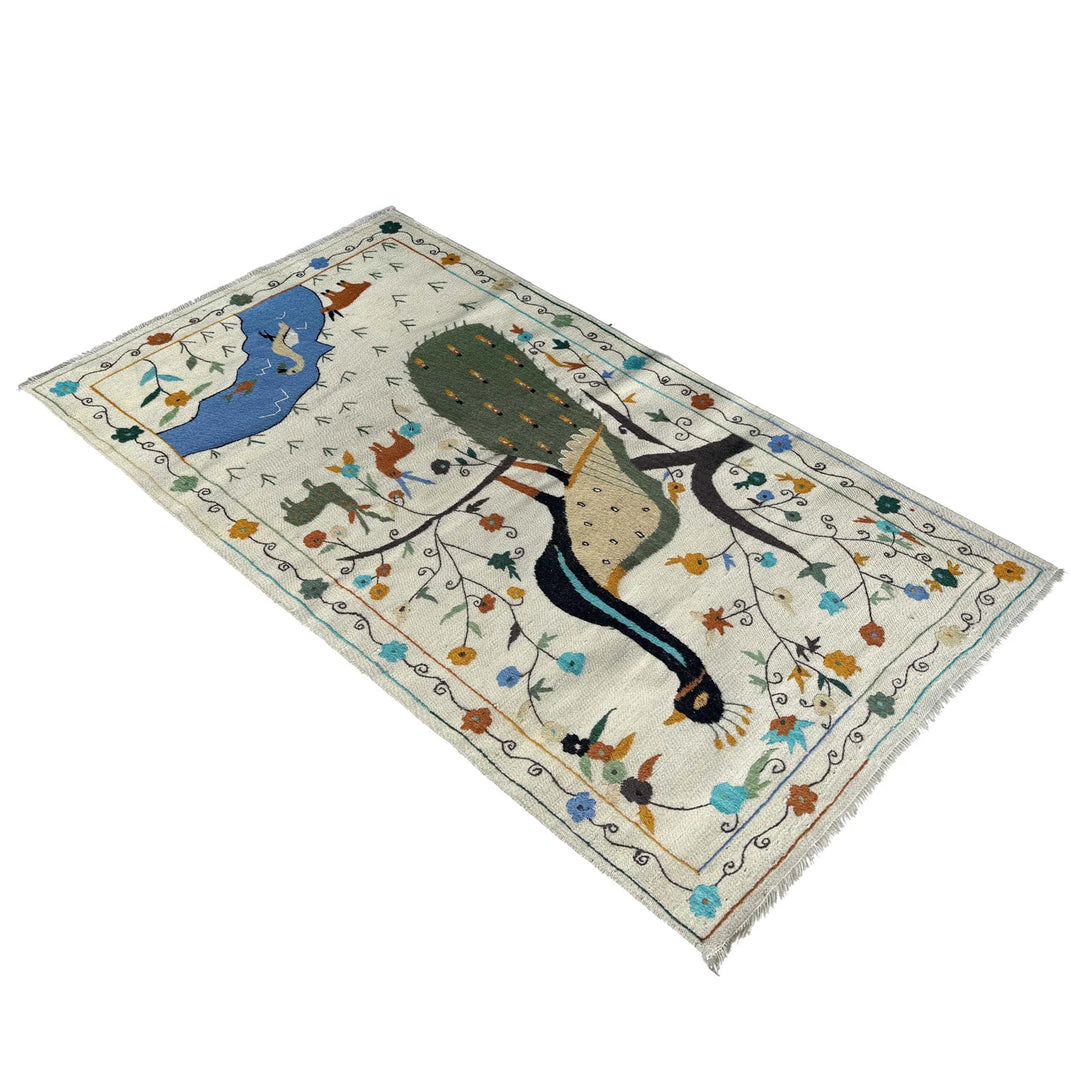 Beige Pakistani Embroidery Kilim Rug 3'5" x 6'6" Flat-Weave | No. AL34207