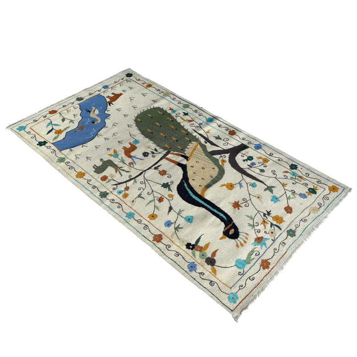 Beige Pakistani Embroidery Kilim Rug 3'5" x 6'6" Flat-Weave | No. AL34207