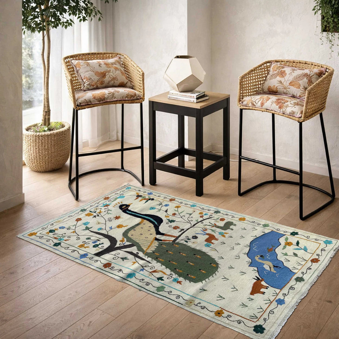 Beige Pakistani Embroidery Kilim Rug 3'5" x 6'6" Flat-Weave | No. AL34207
