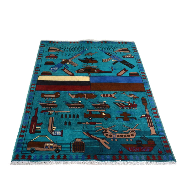 Blue Afghan War Rug 3' 5" x 4' 11" Hand-Knotted | No. AL34209