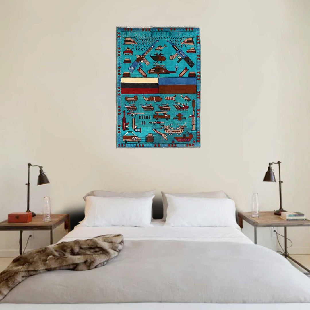 Blue Afghan War Rug 3' 5" x 4' 11" Hand-Knotted | No. AL34209