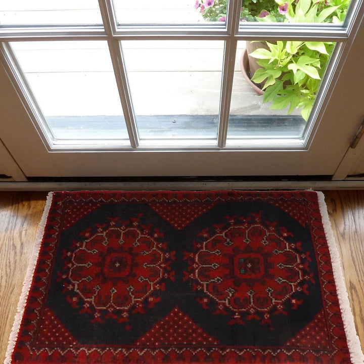 Red Afghan Oriental Doormat 1' 4" x 2' 0" Hand-Knotted | No. AL34289