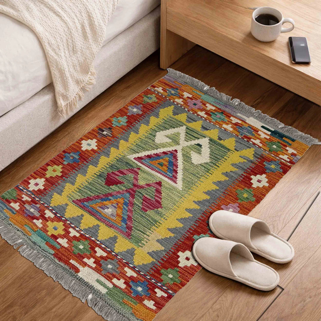 Multicolor Afghan Vegetable Kilim Rug 1' 11" x 2' 11" Flat-Weave | No. AL34317
