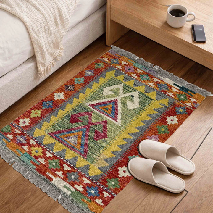 Multicolor Afghan Vegetable Kilim Rug 1' 11" x 2' 11" Flat-Weave | No. AL34317