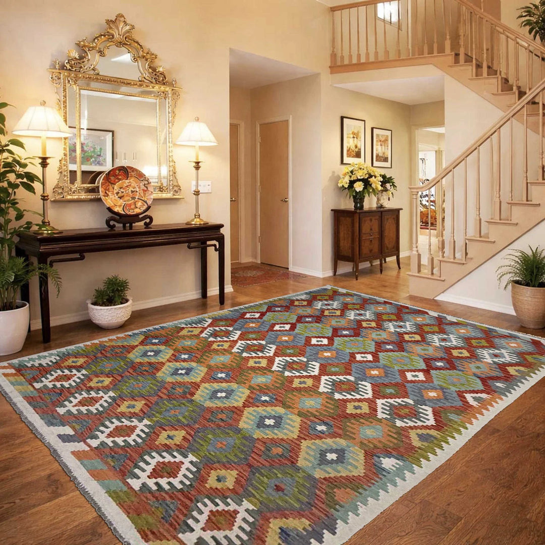 Afghan Vegetable Kilim Rug 6' 7" x 9' 5" Flat-Weave | No. AL343598