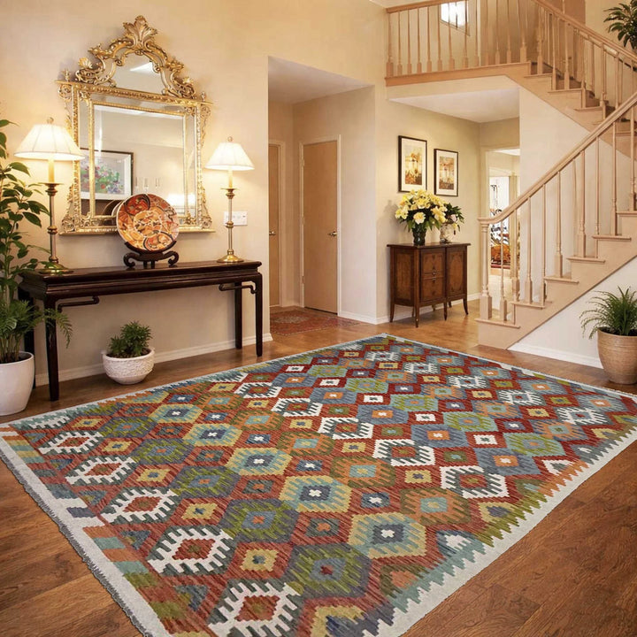 Afghan Vegetable Kilim Rug 6' 7" x 9' 5" Flat-Weave | No. AL343598