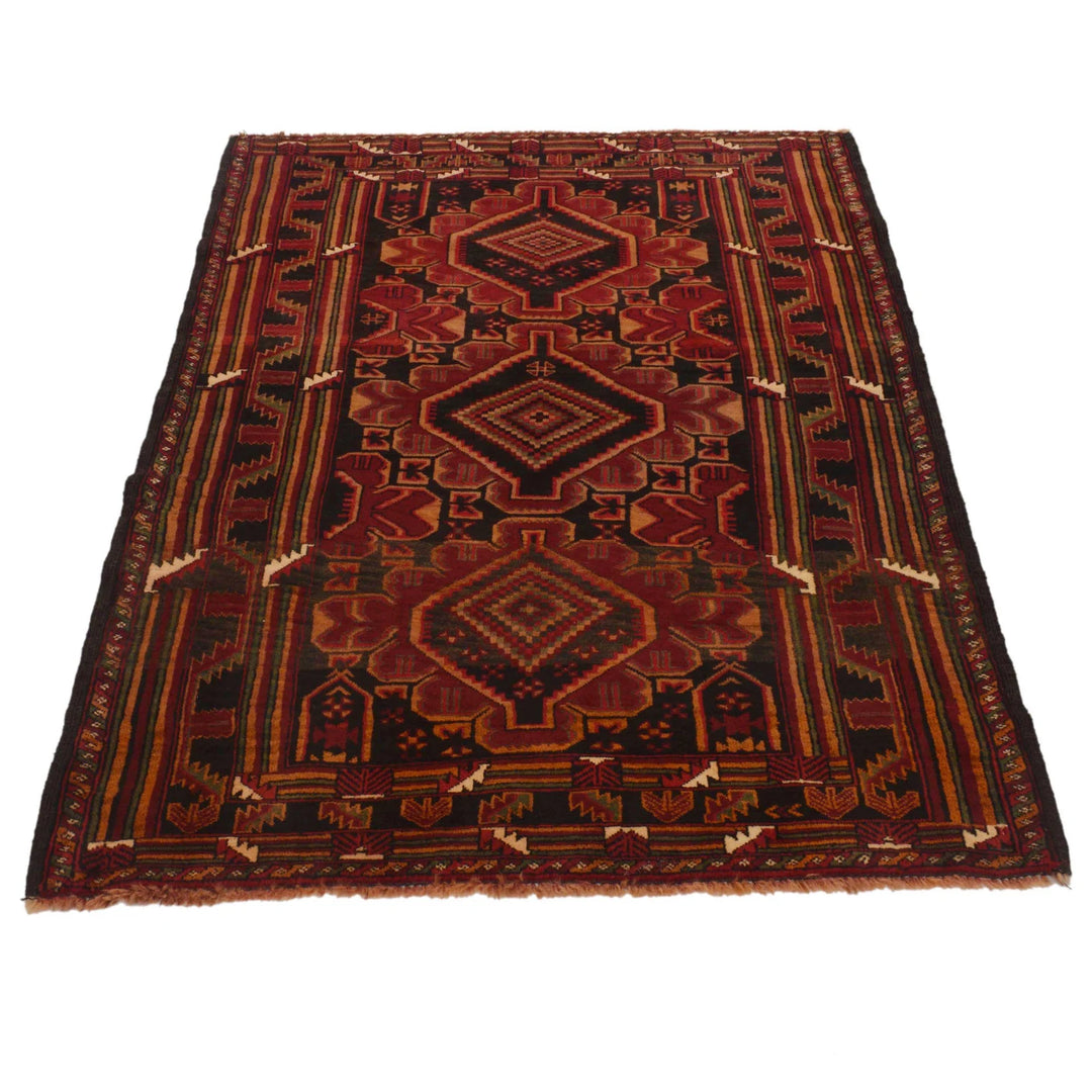 Red Afghan Baluchi Rug 3' 7" x 5' 3" Hand-Knotted | No. AL34470