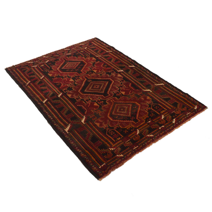Red Afghan Baluchi Rug 3' 7" x 5' 3" Hand-Knotted | No. AL34470