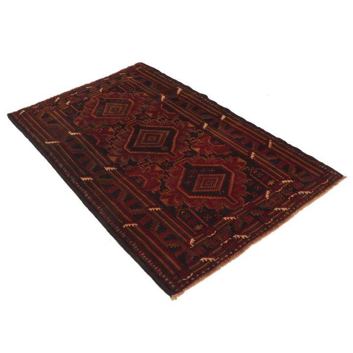 Red Afghan Baluchi Rug 3' 7" x 5' 3" Hand-Knotted | No. AL34470