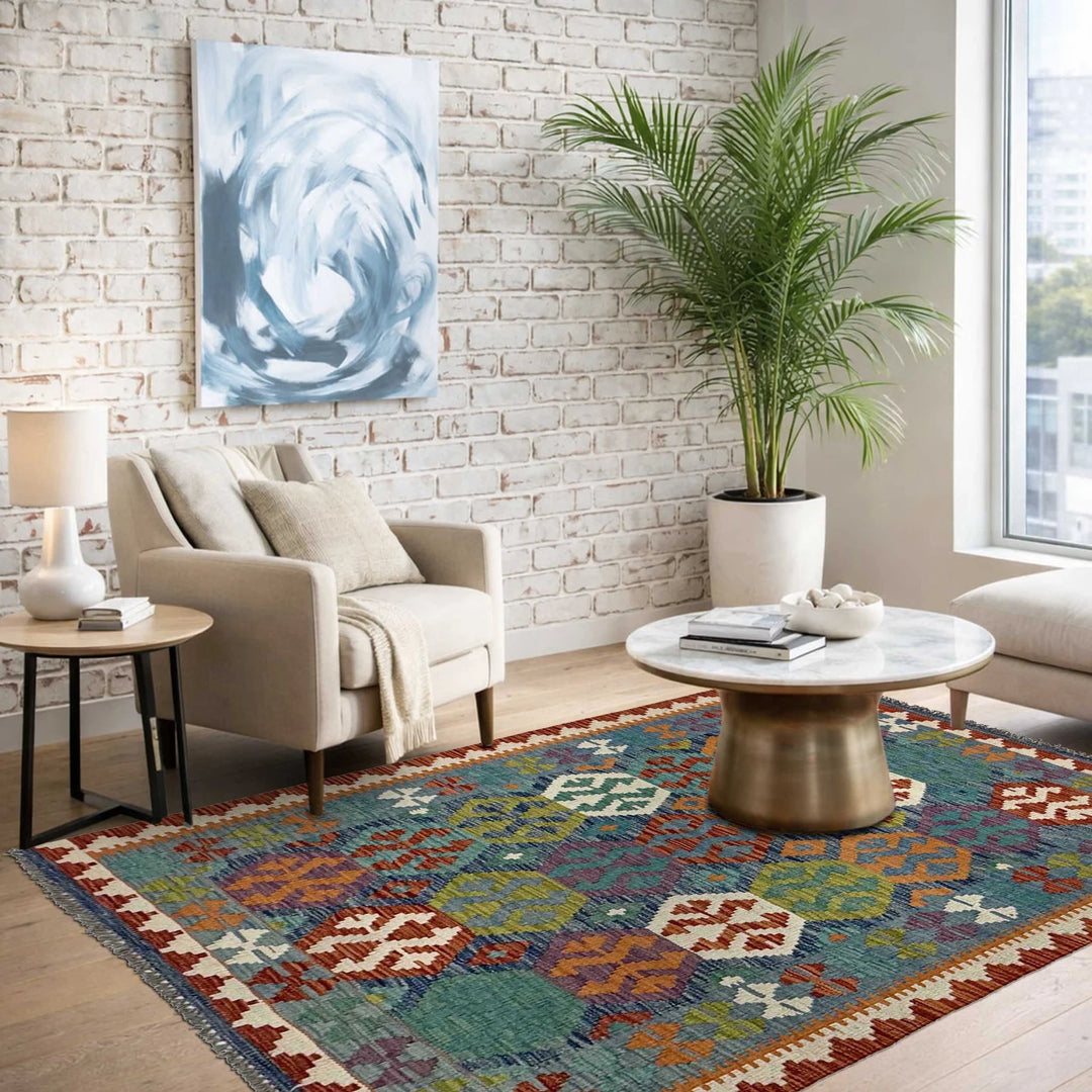 Afghan Kilim Rug 3' 6" x 5' 3" Flat-Weave | No. AL34505