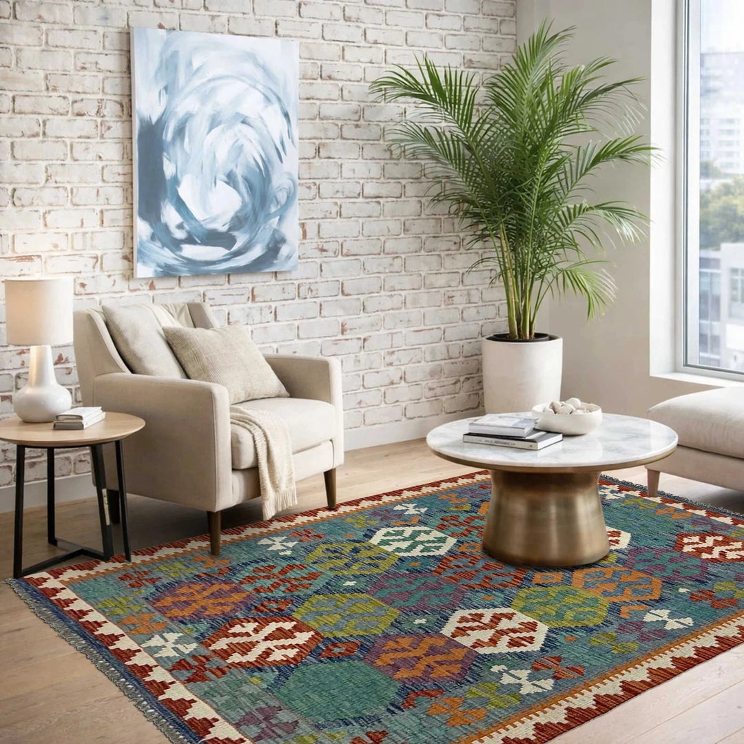 Afghan Kilim Rug 3' 6" x 5' 3" Flat-Weave | No. AL34505