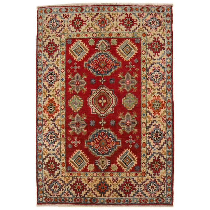 Red Afghan Kazak Rug 3' 5" x 5' 0" Hand-Knotted | No. AL34529