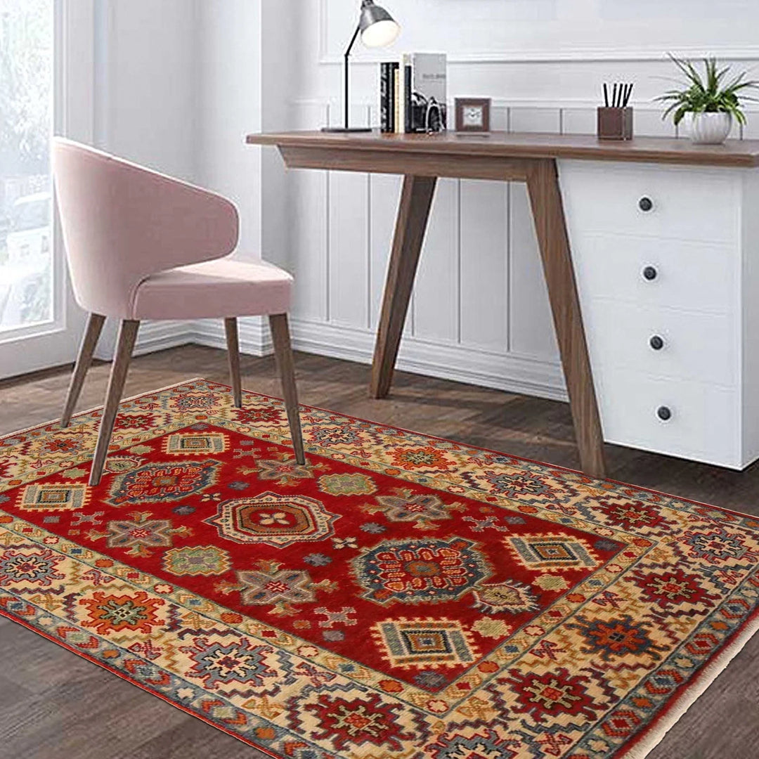 Red Afghan Kazak Rug 3' 5" x 5' 0" Hand-Knotted | No. AL34529