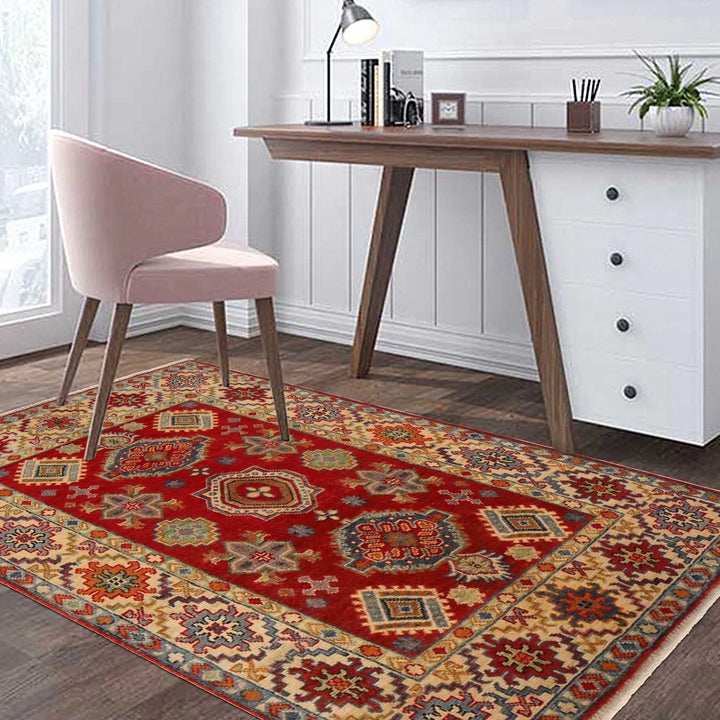 Red Afghan Kazak Rug 3' 5" x 5' 0" Hand-Knotted | No. AL34529